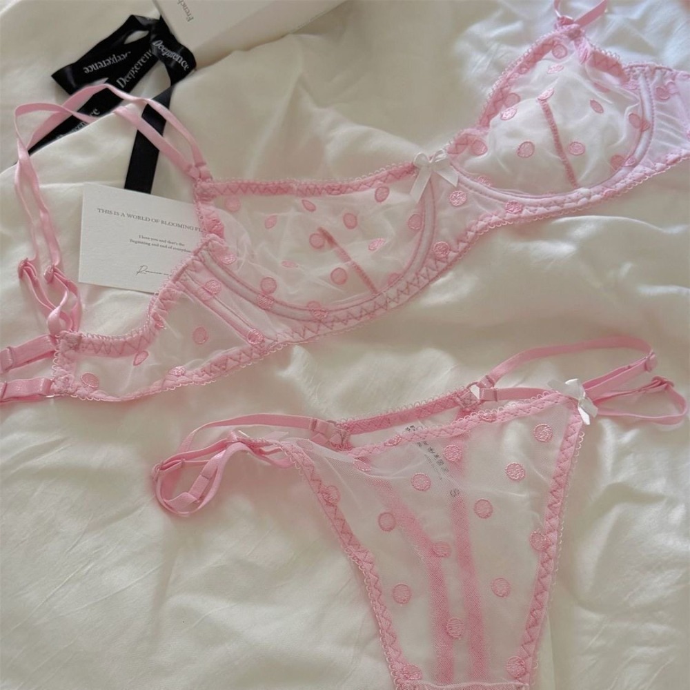 Underwire Bra Padded - Polka Dot Lace Embroidery Bra Set